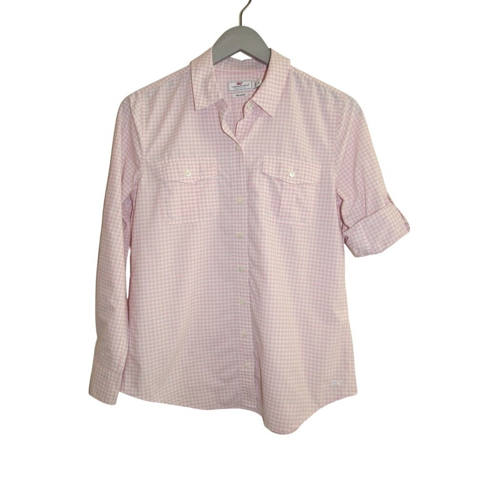 Vineyard Vines Performance Relaxed Gingham Button Down Shirt Pink White Womens 4